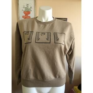 OOAK Cartoon Handpainted Funny Pullover Sweatshirt Fleece Large Tan